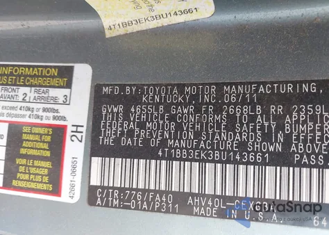 2011 Toyota Camry Hybrid z USA, uszkodzony, nr VIN 4T1BB3EK3BU143661